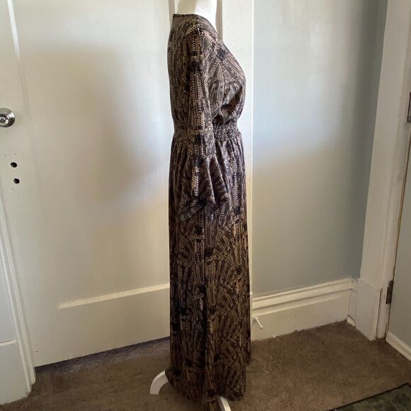 Lapogee Bell Sleeve Boho Elastic Waist Earthy Maxi Dress, size L - Picture 11 of 14